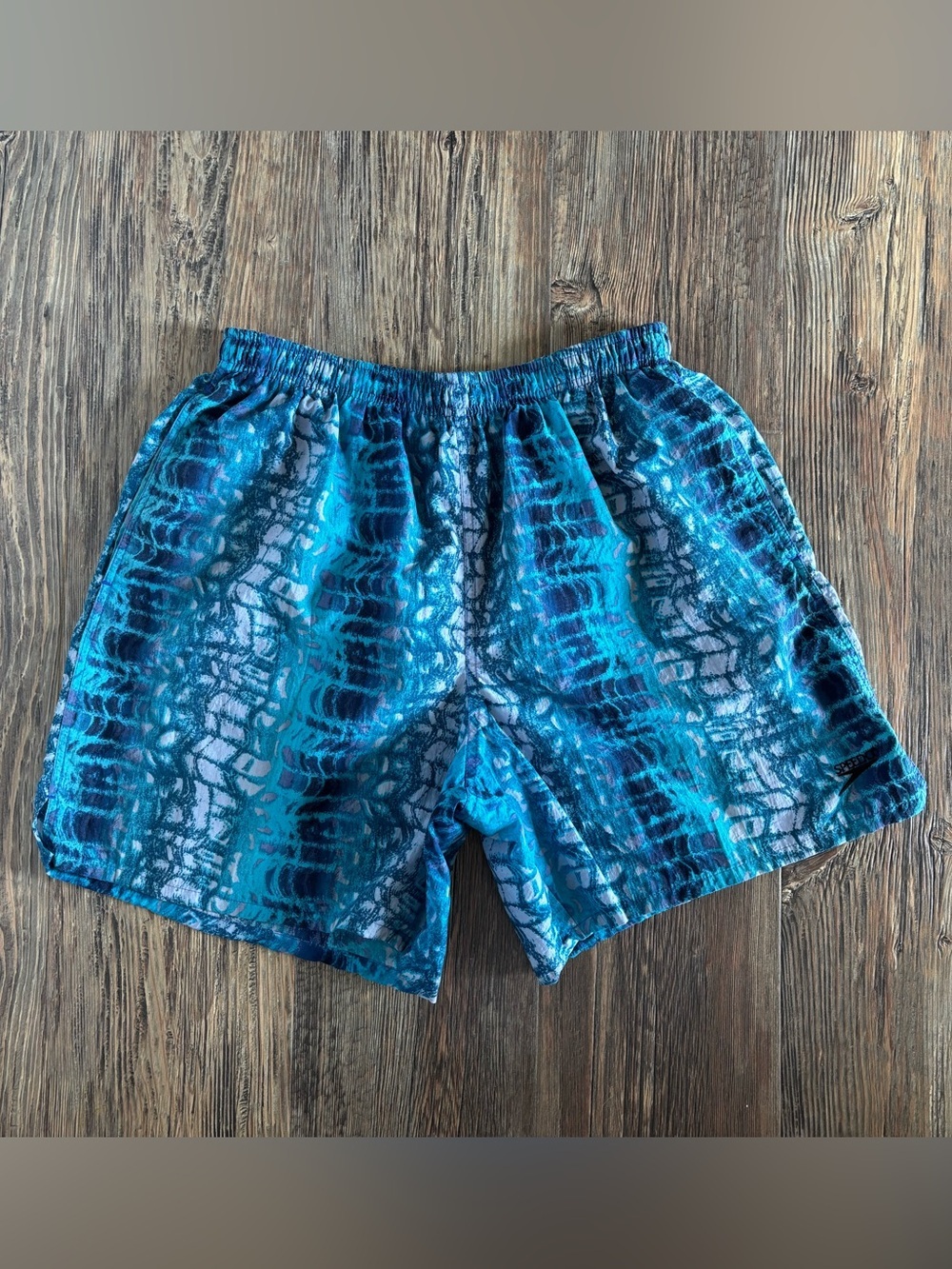 Vtg Speedo Swim Trunks Shorts Mens L Blue Psychedelic Bold Print Mesh Lined 80s - Picture 1 of 12